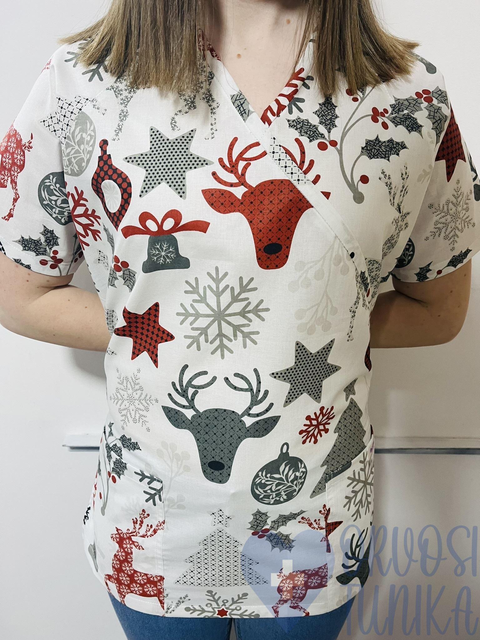 mintás Orvosi-Nővérke tunika - fehér-piros rénszarvasos