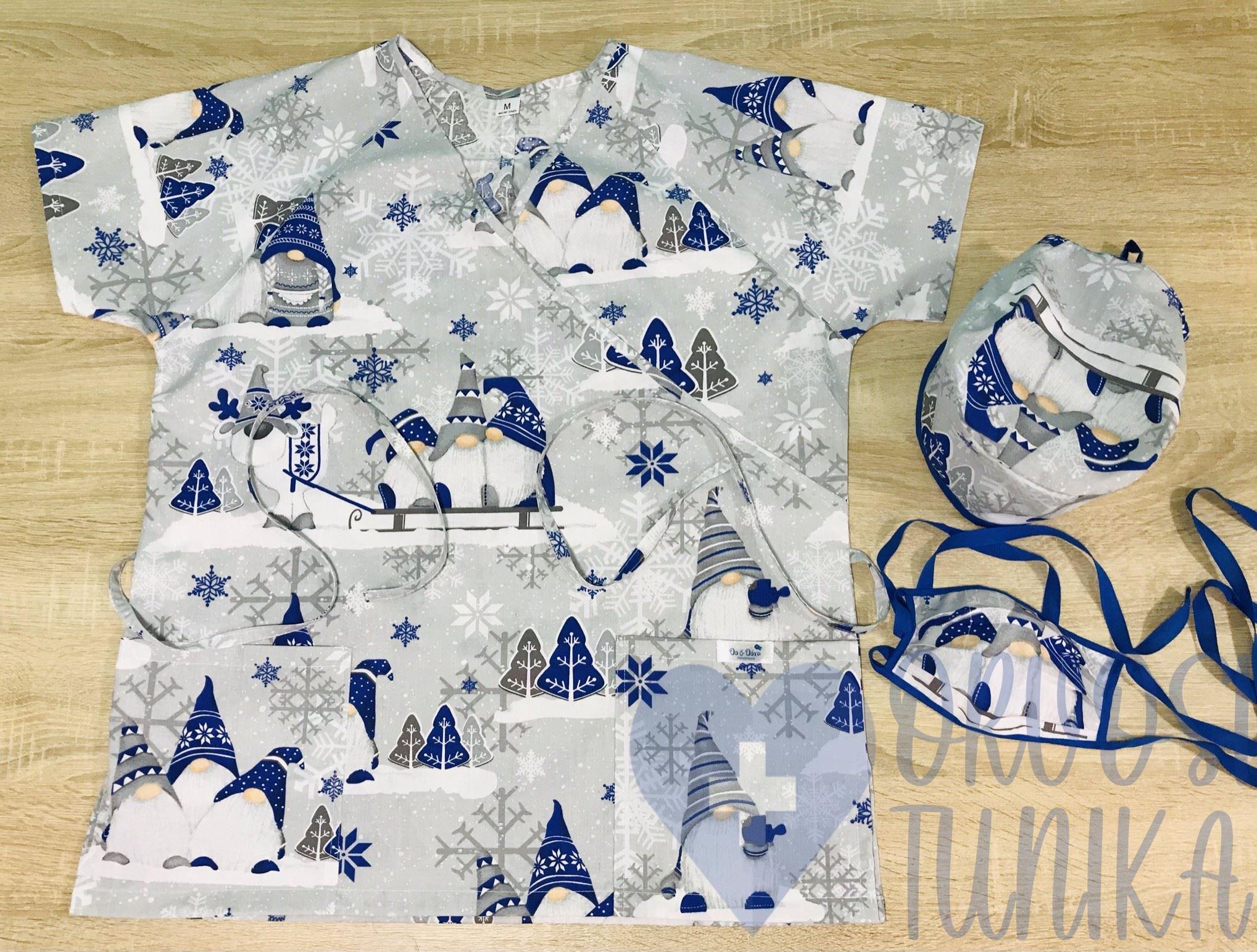 mintás Orvosi-Nővérke tunika - királykék karácsonyi manós