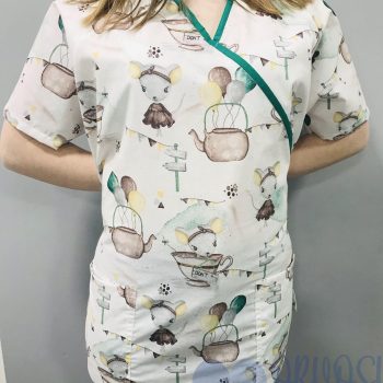 mintás Orvosi-Nővérke tunika - pasztell menta-barna egérkés