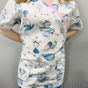 mintás Orvosi-Nővérke tunika - pasztell rózsaszín-kék egérkés