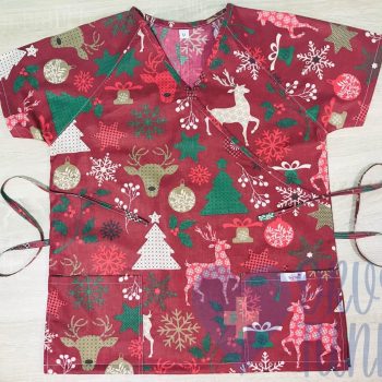 mintás Orvosi-Nővérke tunika - piros-arany rénszarvasos