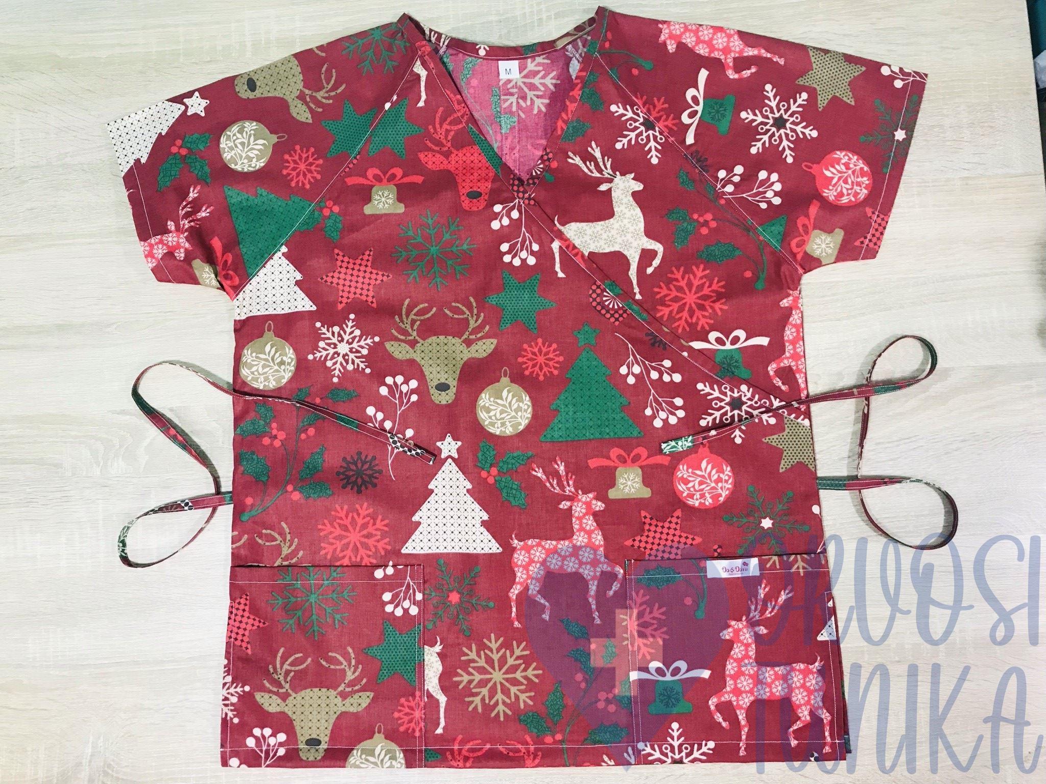 mintás Orvosi-Nővérke tunika - piros-arany rénszarvasos
