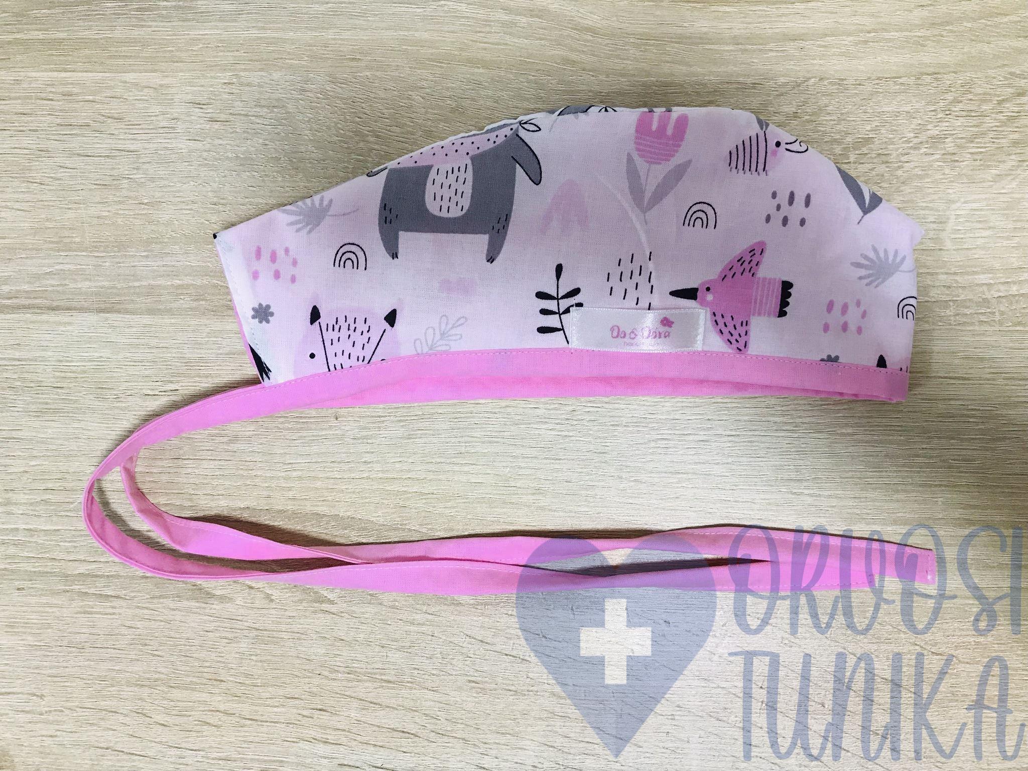 mintás Műtős sapka - rózsaszín-szürke állatos