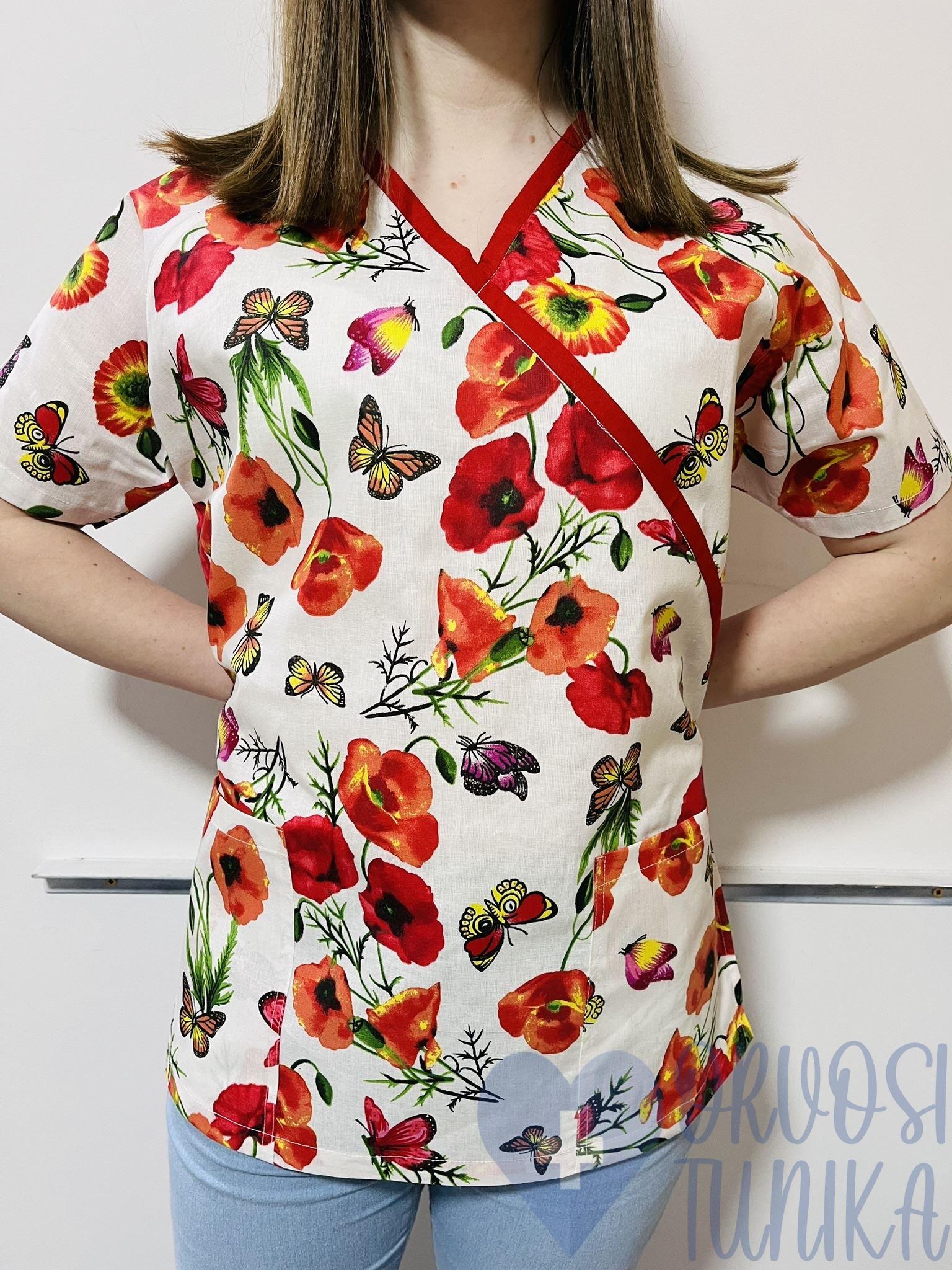 mintás orvosi-Nővérke tunika - fehér alapon piros pipacsos