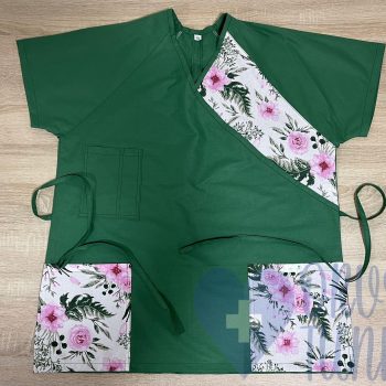 mintás Orvosi-Nővérke tunika - fűzöld-rózsaszín virágos terített