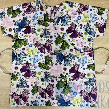 mintás Orvosi-Nővérke tunika - zöld-lila pillangós